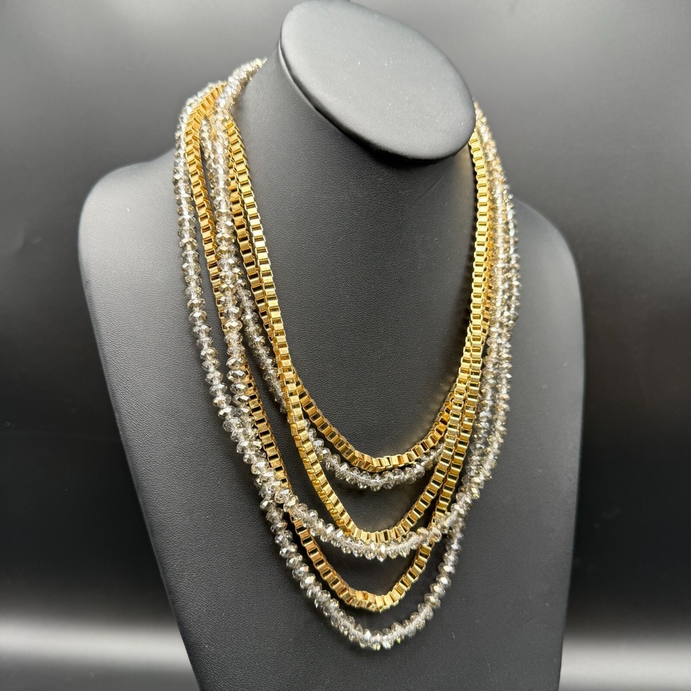 ✨ Vintage Gold & Crystal Multi-Strand Bib Necklace 20"-24"‎ Statement Glam ✨